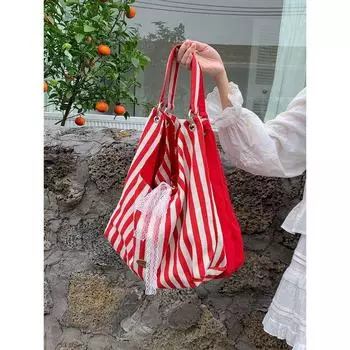 Stripes Canvas Bag Female Summer 2025 New Arrival Tide South Korea Letters Print Double-Sided Shoulder Bag Student Class Bag Red