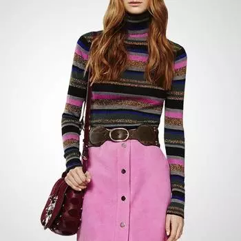 Stripes Contrast Color Turtleneck Silm Knitwear 2025 Fall Long Sleeves Stretch Slimming Pullover Women s Base Shirt Tops Stripes- L