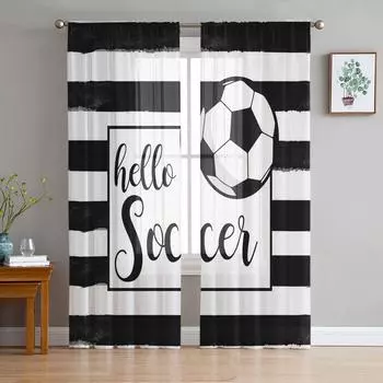 Stripes Hello Football Watercolor Tulle Curtain Voile Transparent Tulle for Bedroom Living Room Kitchen Sheer Window Curtains W135 x H114cm