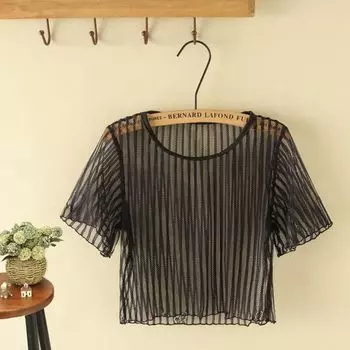 Stripes Short Sleeve round Neck Summer New High Waist Short Fashion Blouse Plus Size Loose Casual Mesh Lace T-shirt Black S