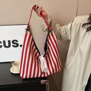 Полосатая сумка-ведро через плечо с большой емкостью, в которую можно положить iPad (30cm<Max Length<50cm)