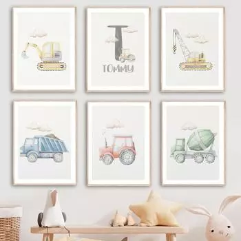 Строительная машина, персонализированное имя ребенка, настенная живопись на холсте, постеры и принты для детской комнаты, настенные панно для декора комнаты для мальчиков A4 21X30cm No Framed