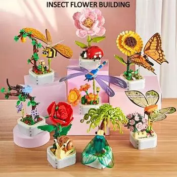 Строительные блоки с изображением насекомых и цветов, креативные насекомые, сочные букеты, орнаменты, украшения интерьера для детей и взрослых, игрушки для сборки своими руками жёлтый/зелёный