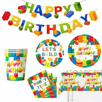 Строительные блоки, товары для вечеринки по случаю дня рождения, строительные блоки, набор столовых приборов для вечеринки, тарелки для вечеринки, скатерть, баннер и т. д., красочные блоки, товары для вечеринки as the picture красный/синий