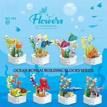 Строительные блоки в горшках с океаном, серия Акула, рыба-клоун, краб, фонарь, рыба, бонсай, модель кирпичей, настольный деко, детские рождественские подарки синий/белый