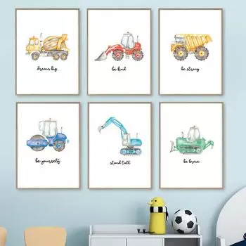 Строительные грузовики, транспортные средства, автомобиль для мальчиков, детская настенная живопись, холст, картина, настенные панно, декор для детской комнаты A4 21X30cm No Framed