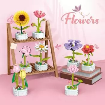 Строительный блок, яркий цвет, реалистичный вид, игрушка с гладкими краями, взаимодействие родителей и детей, строительные блоки для растений в горшках, сборка своими руками B