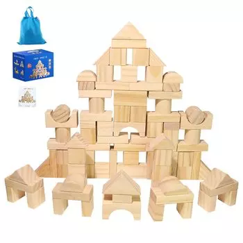 Строительный набор 100 деревянных строительных конструкций 9, сумка для хранения, 12 месяцев и детские развивающие натуральные материалы, блоки, детали, фигуры, в комплекте, вверх, простые, игрушки,
