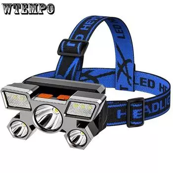 Strong Headlight LED Five Head Aircraft Light Wearable USB Charging Outdoor Fishing Lamp Super Bright Rechargeable Five Light Source синий