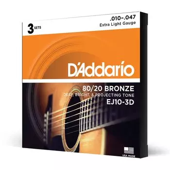 Струны для акустической гитары Bronze Extra Light 3 комплекта D Addario 80/20 .010-.047 EJ10-3D []