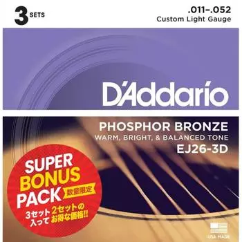 Струны для акустической гитары D Addario, 3 комплекта, супербонус, фосфорная бронза, индивидуальный свет, .011–.052 EJ26-3DBP