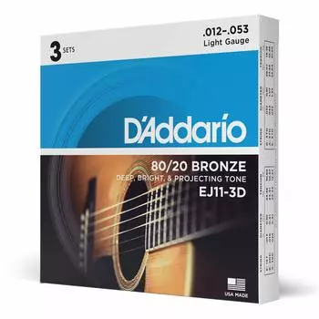 Струны для акустической гитары D Addario, Бронза 80/20, Легкое натяжение, .012-.053, EJ11-3D, 3 комплекта