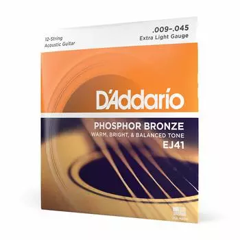 Струны для акустической гитары D Addario, фосфорная бронза, светлая, 12 струн, .009-.045 EJ41 [Оригинальный отечественный продукт]