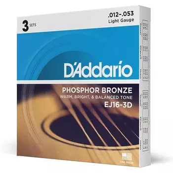 Струны для акустической гитары D Addario, фосфорная бронза, светлая, .012-.053 EJ16-3D, 3 комплекта []