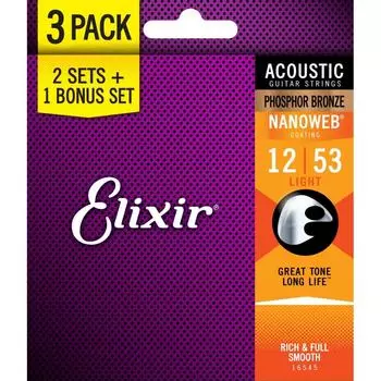 Струны для акустической гитары Elixir 2 комплекта + 1 бонусный комплект NANOWEB фосфорная бронза светлая .012-.053 #16545 (16052 Набор из 3 шт.)