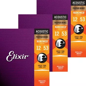 Струны для акустической гитары Elixir NANOWEB Phosphor Bronze Light, набор из 3 шт. .012-.053 #16052 []