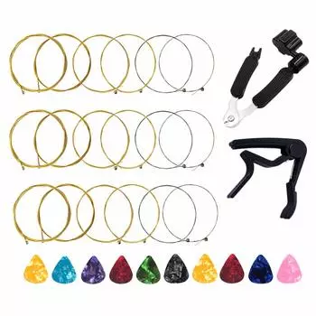 Струны для акустической гитары, полный комплект из 3 штук, включая 1 каподастр, 1 инструмент для струнных инструментов и 10 медиаторов для гитары