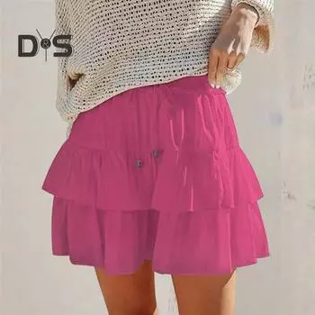 Струящаяся мини-юбка с эластичной кулиской и высокой талией, женская короткая юбка с несколькими оборками, однотонная юбка в стиле бохо XXL розовый