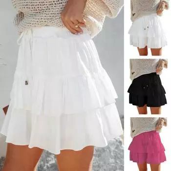 Струящаяся мини-юбка с эластичной кулиской и высокой талией, женская короткая юбка с несколькими оборками, однотонная юбка в стиле бохо S чёрный