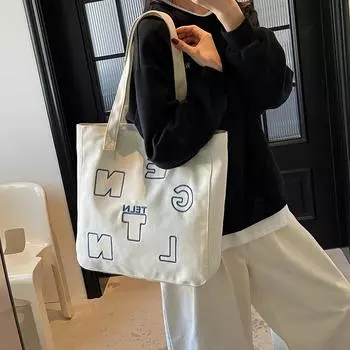 Студенческая холщовая сумка женская сумка-тоут с принтом букв для поездок на работу большая вместительная сумка через плечо чёрный
