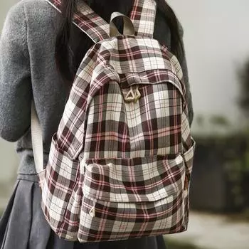 Студенческая клетчатая школьная сумка женская большая вместительная рюкзак дорожный рюкзак хаки/розовый