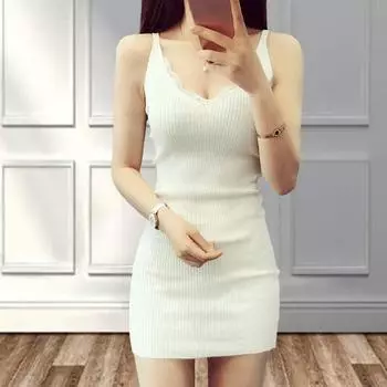 Студенческая кружевная нижняя рубашка средней длины, майка-майка, корейская версия, вязаное летнее платье