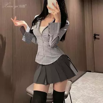 Студенческая одежда женская летняя студенческая одежда в стиле jk ниша дизайн чувственная талия рубашка с длинными рукавами чистое желание комплект из двух предметов 515 S