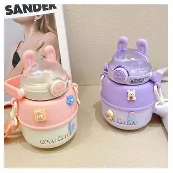 Студенческая простая и портативная термочашка с заячьими ушками, милая большая чашка для живота из нержавеющей стали, большая вместительная чашка для воды с изображением сердца девушки синий