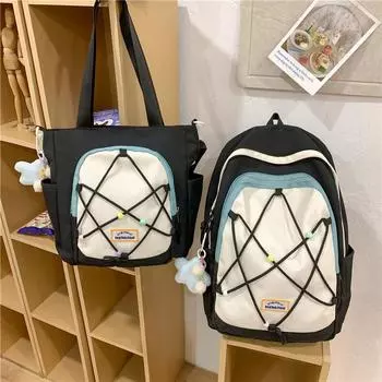 Студенческая школьная сумка, пригородный рюкзак большой емкости, женская дорожная сумка с цветными блоками Shoulder Bag чёрный