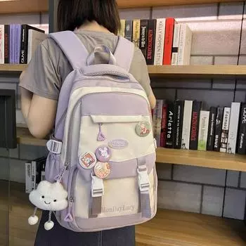 Студенческая школьная сумка с цветными блоками, женский рюкзак с буквами, мужской легкий компьютерный рюкзак фиолетовый