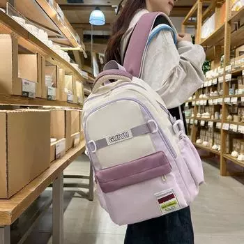 Студенческая школьная сумка с цветными блоками, женский дорожный легкий рюкзак большой емкости для компьютера фиолетовый