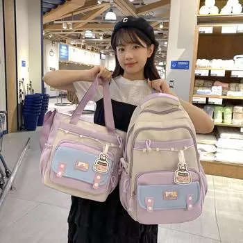 Студенческая школьная сумка женская студенческая стиль рюкзак большой емкости компьютерный рюкзак цветной блок сумка на плечо Backpack хаки