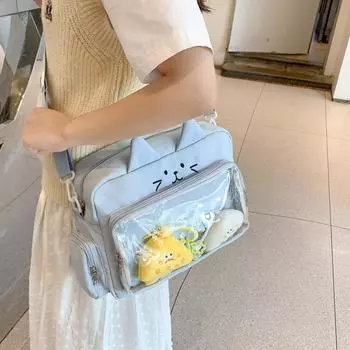 Студенческая сумка через плечо большой емкости с кошачьим принтом для девочек, прозрачная сумка через плечо чёрный