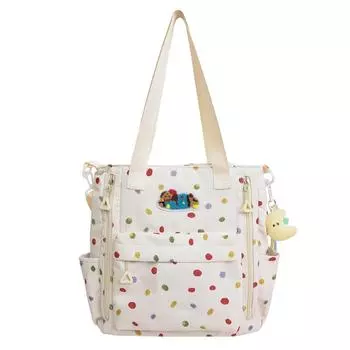 Студенческая сумка через плечо большой вместимости с принтом в горошек, женская легкая сумка через плечо белый