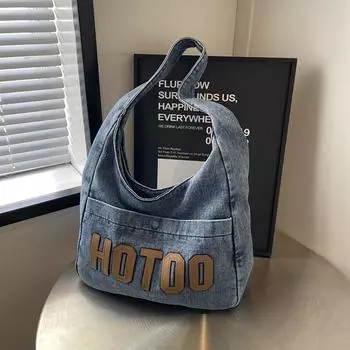 Студенческая сумка на плечо с буквенным принтом, джинсовая сумка, женская большая вместительная сумка-тоут темно-синий