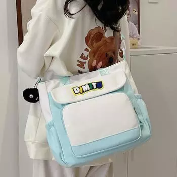 Студенческая сумка на плечо с несколькими карманами, женская сумка-тоут контрастного цвета с буквенным принтом, школьная сумка, большая вместительная дорожная сумка зелёный