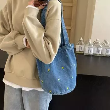 Студенческая сумка-ведро с вышивкой, большая вместительная сумка, джинсовая сумка на плечо, женская ручная сумка для покупок темно-синий