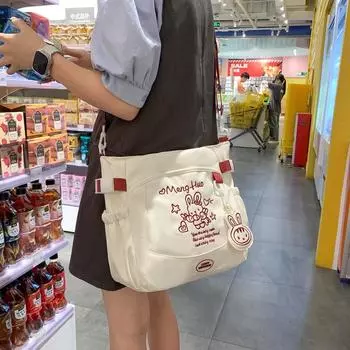 Студенческая вышитая сумка через плечо, большая вместимость, сумка через плечо для девочек, мультяшная сумка розовый