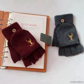 Студенческие британские шерстяные перчатки двойного назначения, мужские и женские модели для старшеклассников, теплые и утолщенные, открывающие пальцы average size темно-серого