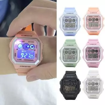 Студенческие часы-будильник с квадратным циферблатом, светодиодный дисплей, регулируемое точное время, спортивные студенческие наручные часы, ежедневный аксессуар светло-синий