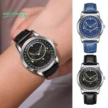 Студенческие часы с принтом луны и звезд, круглые, на батарейках, ремешок из искусственной кожи, светящийся 3-стрелочный элегантный кварцевый наручные часы, модные украшения, подарок на день рождения чёрный