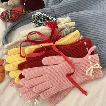 Студенческие велосипедные теплые перчатки осенние и зимние милые вязаные перчатки с бантом женские студенческие перчатки без пальцев average size