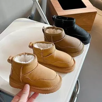 Студенческие зимние ботинки с боковой молнией для мальчиков и девочек, теплые ботинки с нескользящей подошвой для зимы 2024 года, новые модные детские короткие ботинки с мехом 23 коричневый