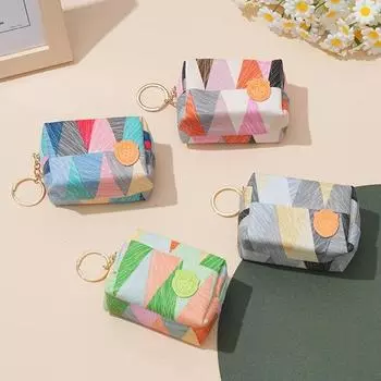 Студенческий маленький из искусственной кожи на молнии, карты для монет, помада, органайзер, сумка, корейские цветные сумки для монет с геометрическим рисунком, кошелек для женщин серый