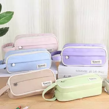 Студенческий однотонный пенал, трехслойный пенал большой емкости, водонепроницаемая прочная тканевая канцелярская сумка фиолетовый