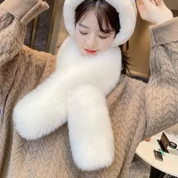 Студенческий плюшевый крест длинный шарф теплый искусственный мех лисья шерсть однотонный шарф из кроличьей шерсти осенне-зимний утолщенный женский шарф 110cm хаки