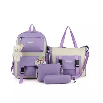 Студенческий рюкзак, холщовый студенческий рюкзак, большая вместимость, комплект из 4 предметов, рюкзак фиолетовый