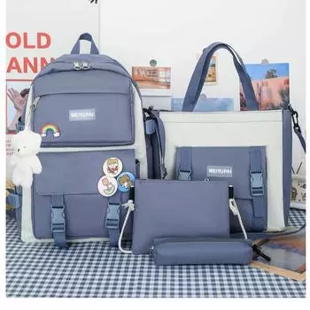 Студенческий рюкзак, холщовый студенческий рюкзак, большая вместимость, комплект из 4 предметов, рюкзак синий