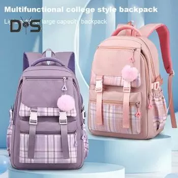 Студенческий рюкзак с подвеской в виде плюшевого шарика, множество отделений, большая вместимость, клетчатый принт, водонепроницаемый, школьная сумка для путешествий, активного отдыха, хранения вещей чёрный