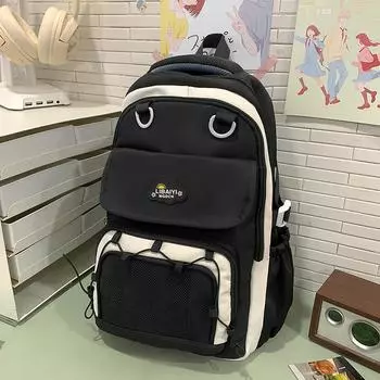 Студенческий рюкзак в стиле колледжа, цветной блок, для девочки, многокарманный, большой вместимости чёрный